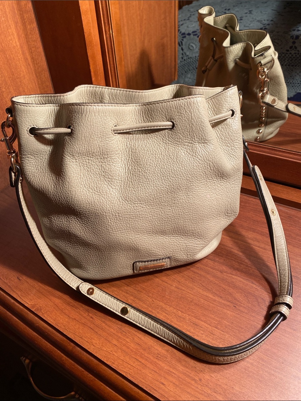 Rebecca Minkoff Cream Pebbled Leather Small Drawstring Shoulder Bag Luxury